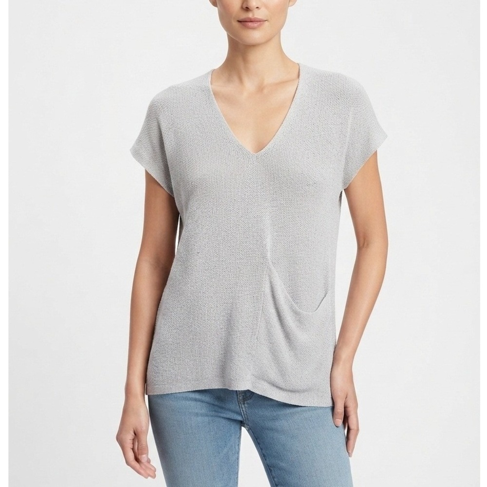 Eileen Fisher V-Neck Pocket Top Short Sleeve Organic Linen Knit Grey Medium
